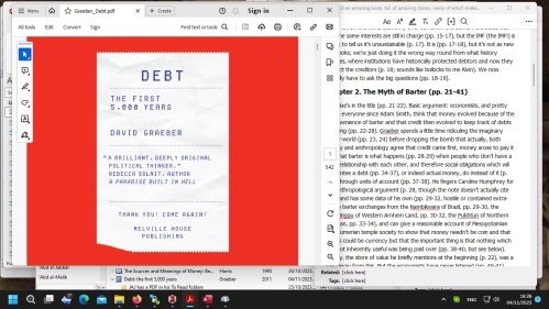Screenshot from Jonathan Jarrett's work on a paper, including David Graeber's book Debt and notes on it